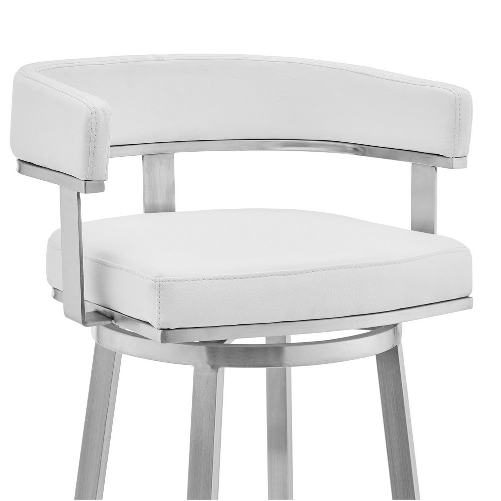 Swivel Barstool with Curved Open Back and Metal Legs White and Silver By Casagear Home BM271176