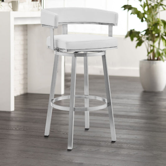 Swivel Barstool with Curved Open Back and Metal Legs, White and Silver By Casagear Home