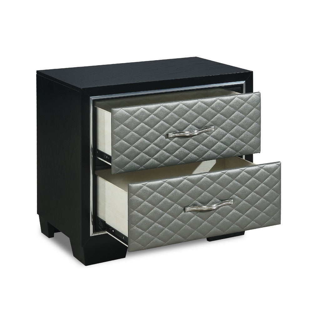 Nightstand with 2 Drawers and Upholstery Black and Silver By Casagear Home BM271440