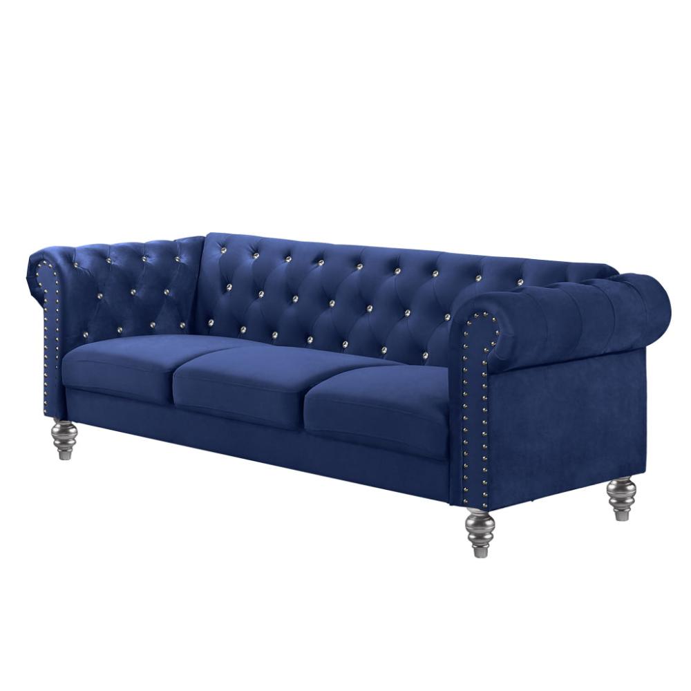 Ben 83 Inch Velvet Sofa with Crystal Tufted Back Royal Blue By Casagear Home BM271909