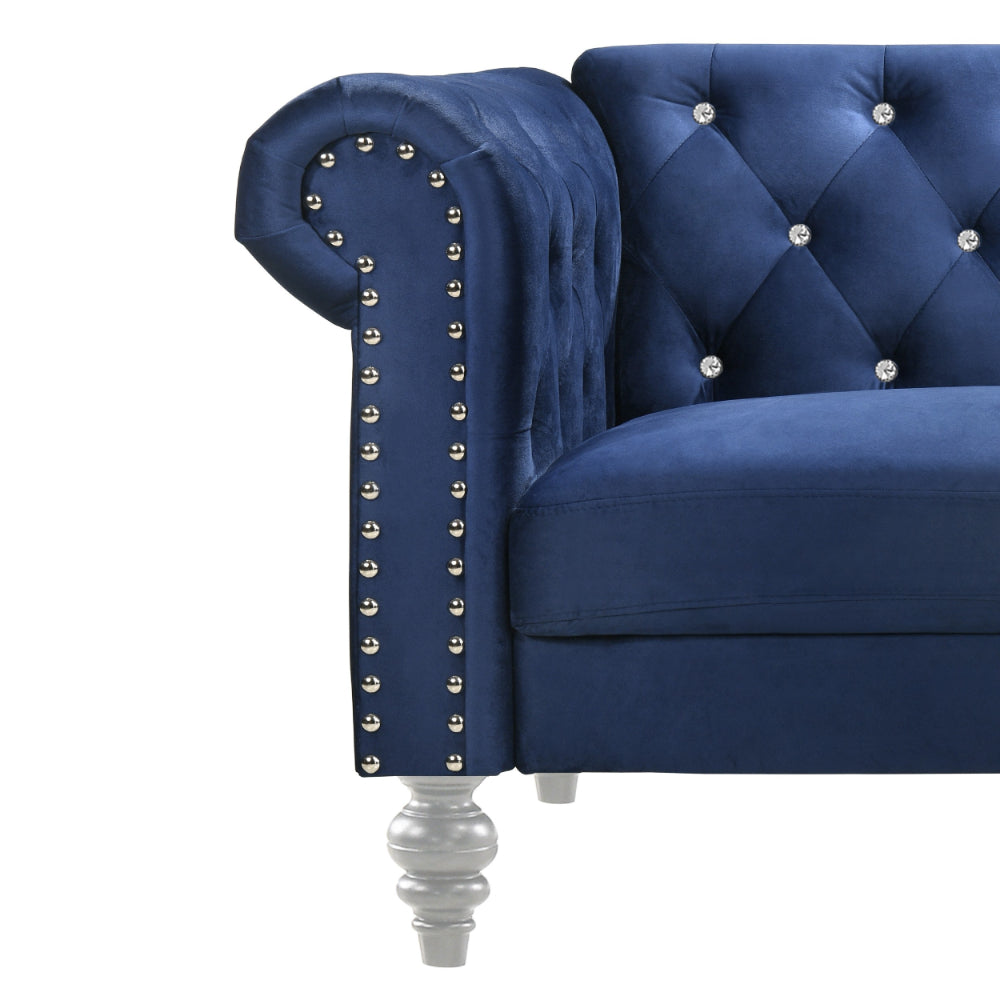 Ben 83 Inch Velvet Sofa with Crystal Tufted Back Royal Blue By Casagear Home BM271909