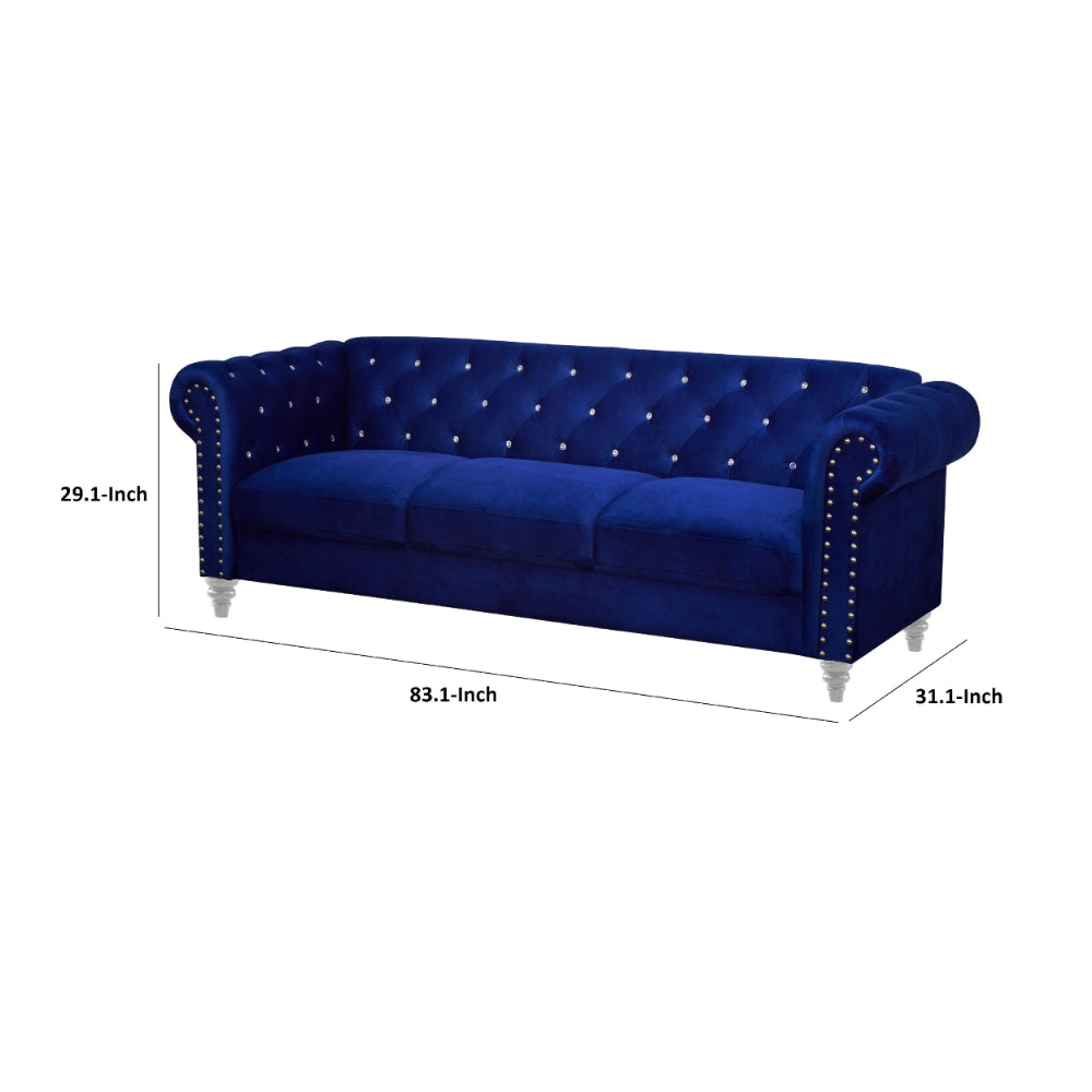 Ben 83 Inch Velvet Sofa with Crystal Tufted Back Royal Blue By Casagear Home BM271909