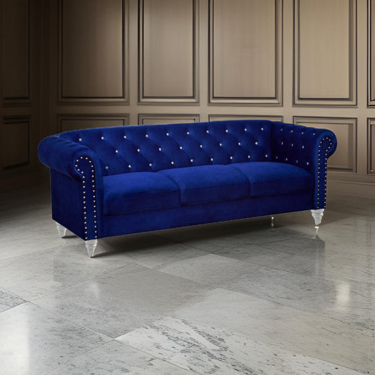 Ben 83 Inch Velvet Sofa with Crystal Tufted Back, Royal Blue By Casagear Home