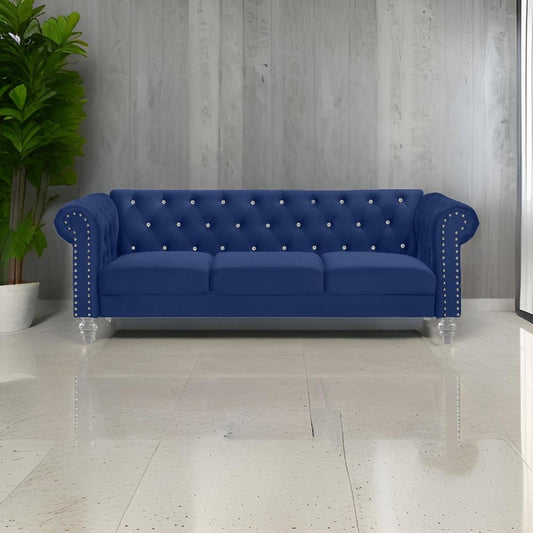 Ben 83 Inch Velvet Sofa with Crystal Tufted Back, Royal Blue By Casagear Home