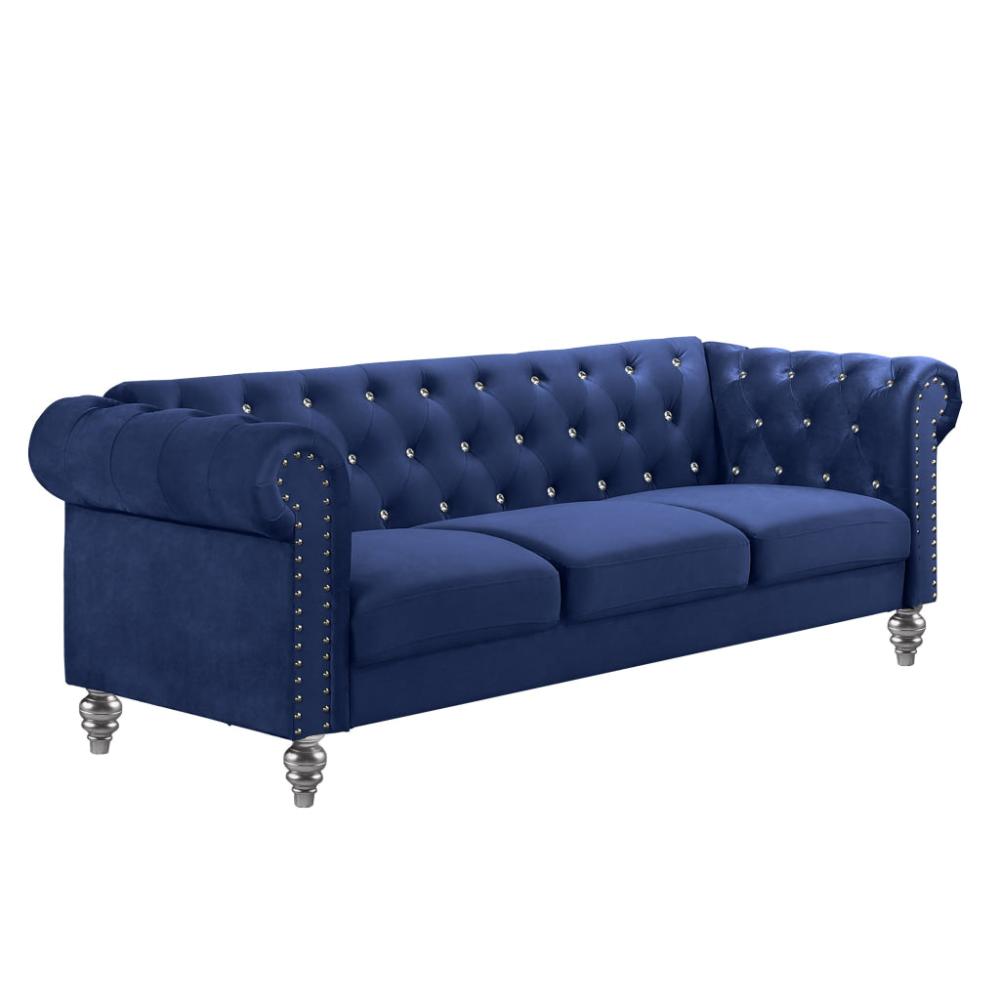 Ben 83 Inch Velvet Sofa with Crystal Tufted Back Royal Blue By Casagear Home BM271909