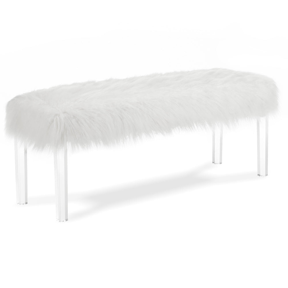 49 Inch Faux Fur Bench with Acrylic Clear Legs White By Casagear Home BM272063