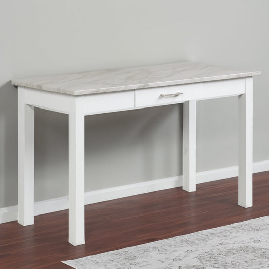 Jay 48 Inch Desk With Drawer and Faux Marble Top, White By Casagear Home