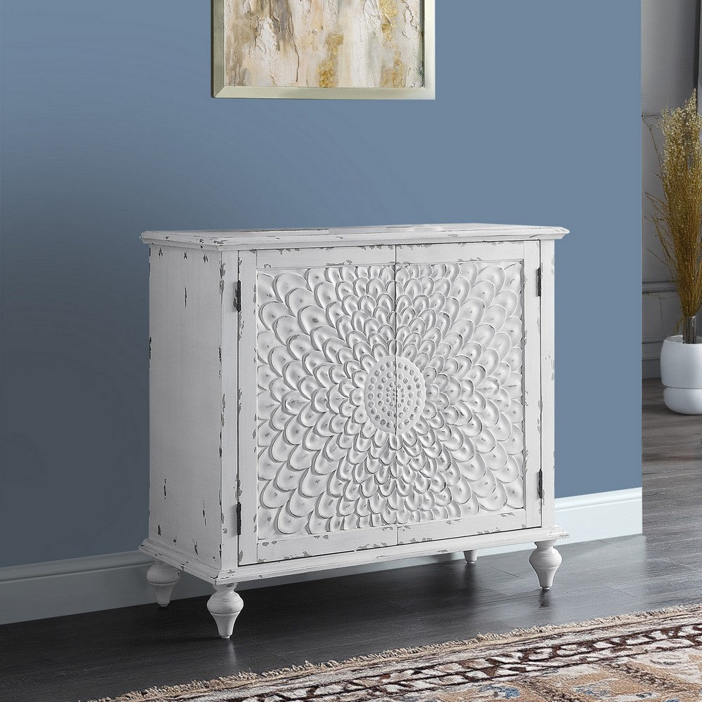 36 Inch Wood Console Buffet Cabinet Carved Floral Pattern Antique White By Casagear Home BM273243