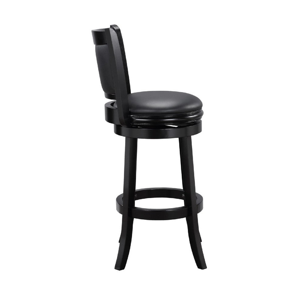 29 Inch Pio Solid Wood Swivel Barstool Vegan Faux Leather Curved Backrest Black By Casagear Home BM273789