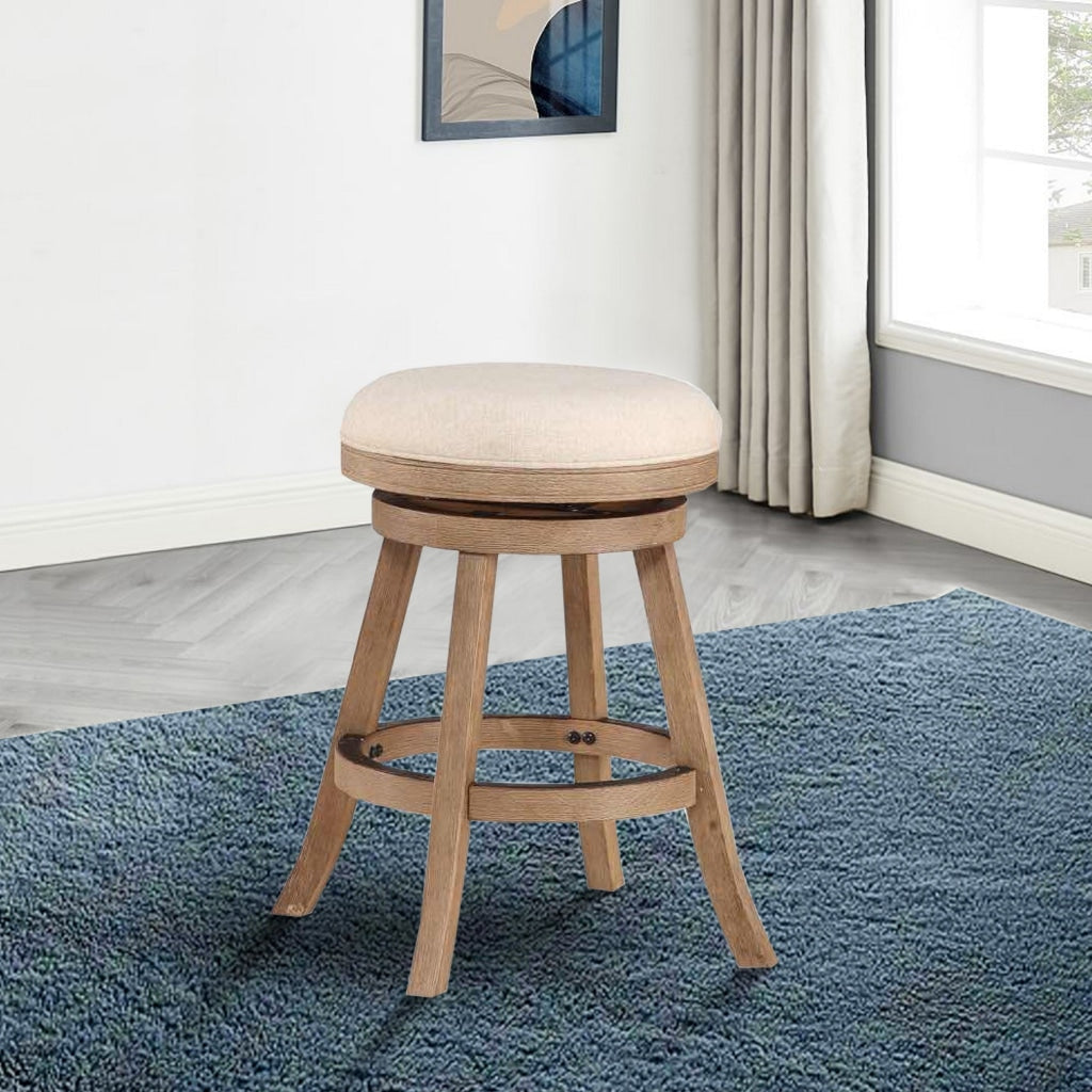 Liam 24 Inch Wood Counter Stool, Swivel Seat, High Density Foam Cushion, Ivory By Casagear Home