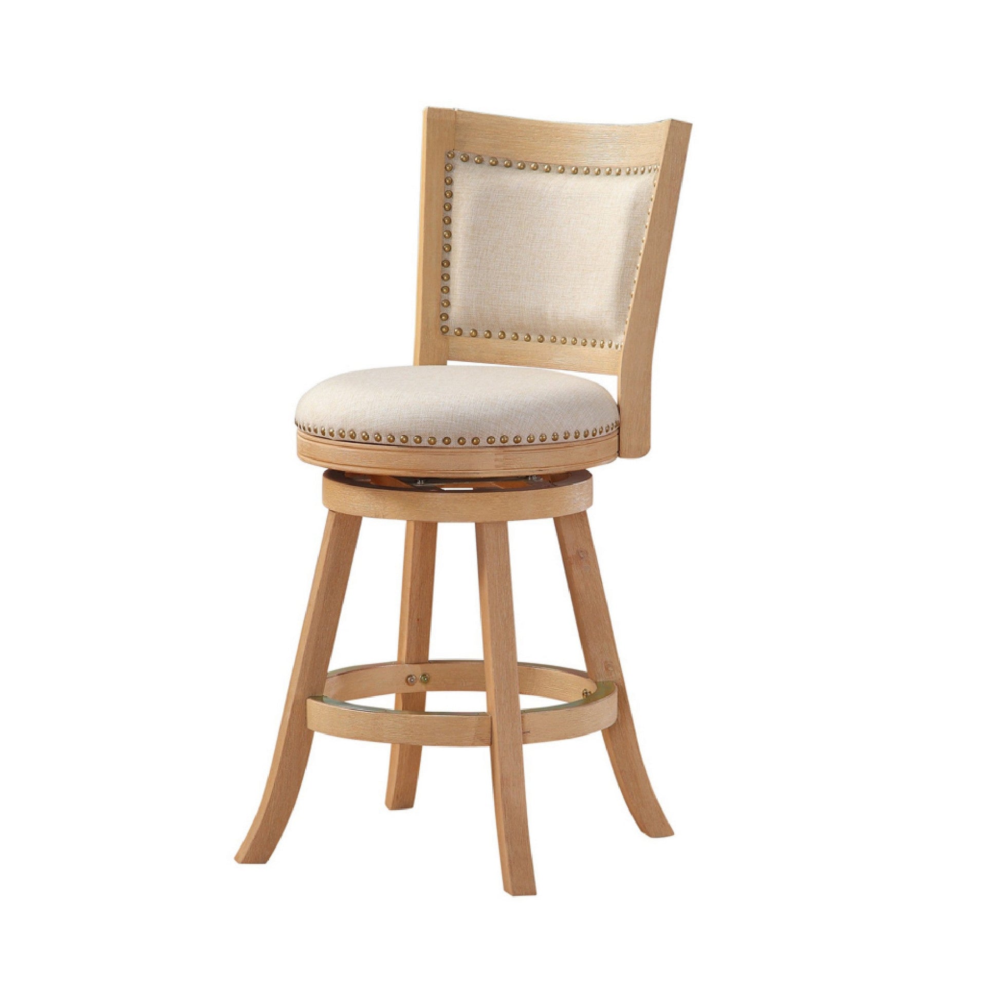 Kia 24 Inch Solid Wood Swivel Counter Stool Curved Panel Back Brass Nailheads Ivory By Casagear Home BM274283