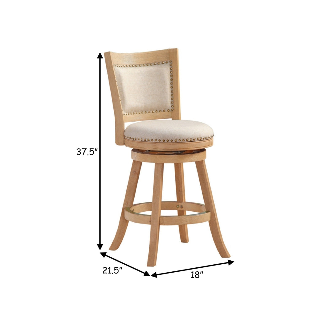 Kia 24 Inch Solid Wood Swivel Counter Stool Curved Panel Back Brass Nailheads Ivory By Casagear Home BM274283