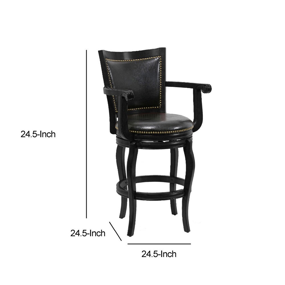 Hugo 29 Inch 360-Degree Swivel Barstool Wood Open Rolled Arms Black By Casagear Home BM274303