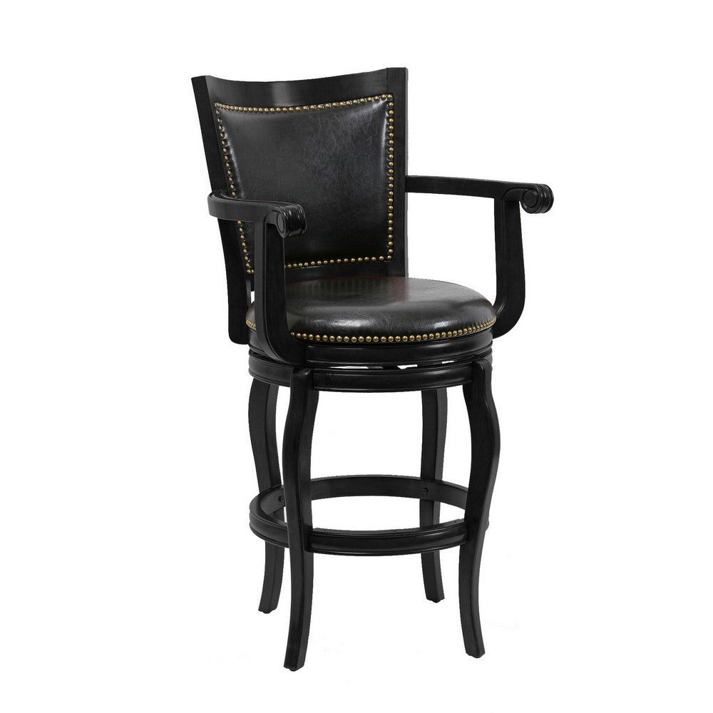 Hugo 29 Inch 360-Degree Swivel Barstool Wood Open Rolled Arms Black By Casagear Home BM274303