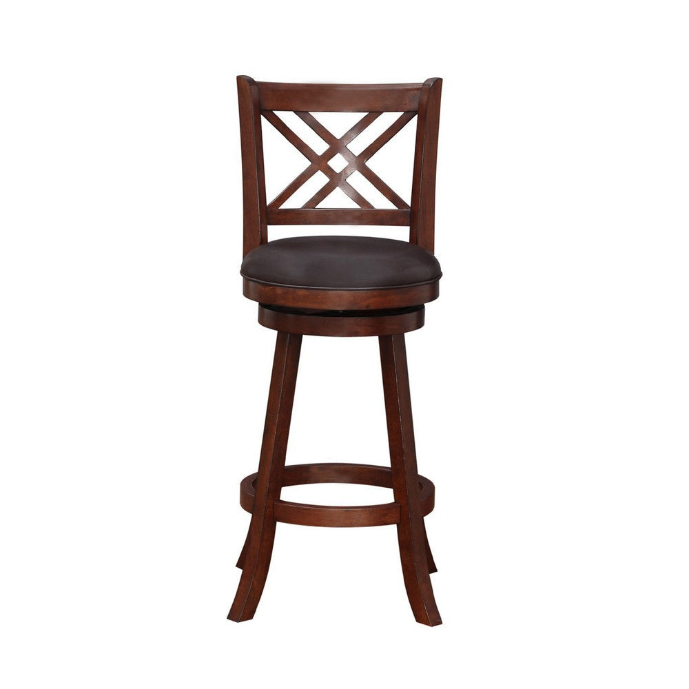 29 Inch Swivel Barstool Double Cross Back Wood Faux Leather Dark Brown By Casagear Home BM274309