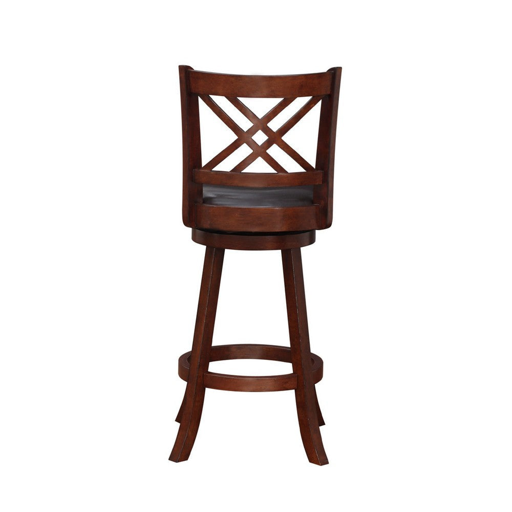 29 Inch Swivel Barstool Double Cross Back Wood Faux Leather Dark Brown By Casagear Home BM274309