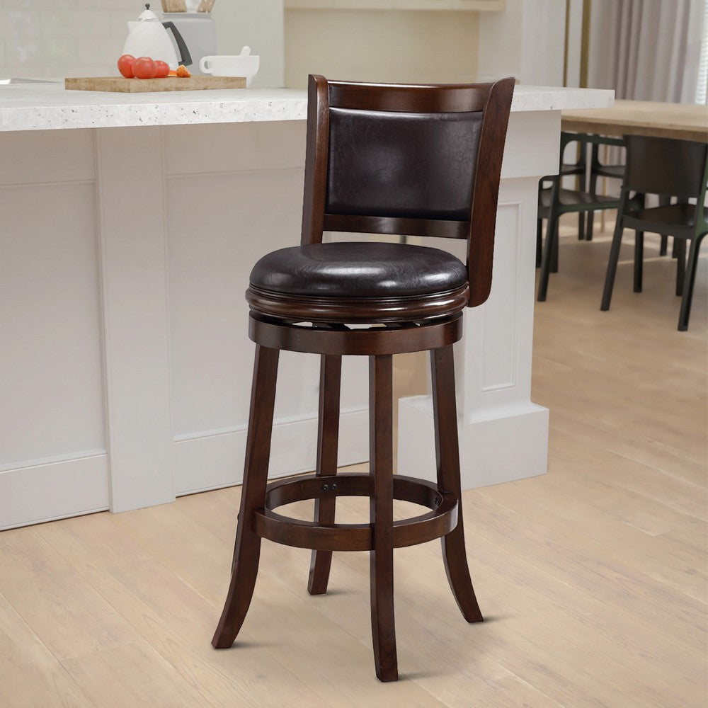 Pal 29 Inch Swivel Bar Stool Solid Wood Rich Faux Leather Espresso Brown By Casagear Home BM274332