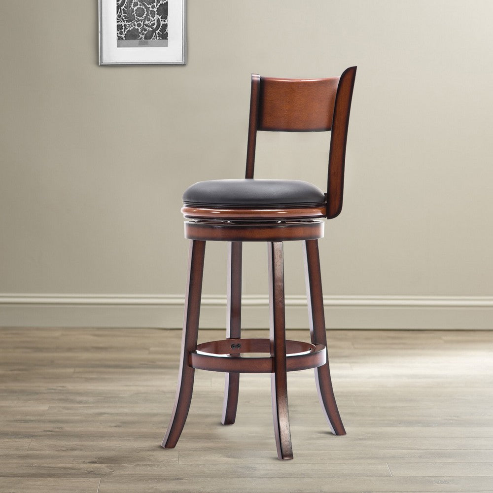 Pal 29 Inch Swivel Bar Stool, Solid Wood, Rich Bonded Leather, Brown By Casagear Home