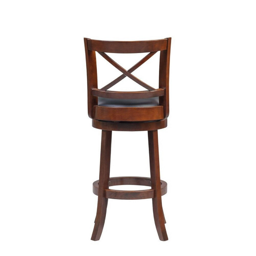 Gia 29 Inch Swivel Bar Stool Solid Wood Rich Vegan Faux Leather Brown By Casagear Home BM274340