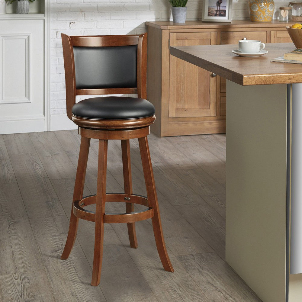 Pio 34 Inch Extra Tall Swivel Bar Stool Wood Faux Leather Cherry Brown By Casagear Home BM274343