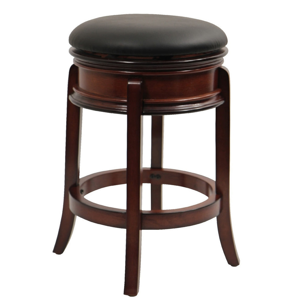 Sabi 24 inch Swivel Counter Stool, Solid Wood, Faux Leather, Brown, Black By Casagear Home