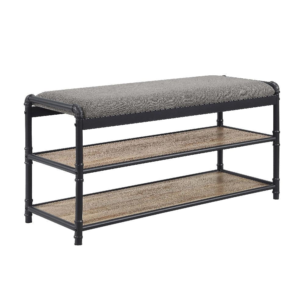 Vida 41 Inch Industrial Shoe Rack, Bench Seat, Wood Shelves, Black, Brown By Casagear Home