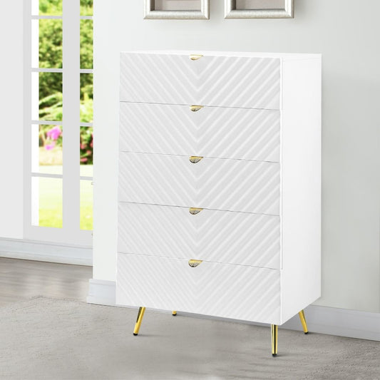 Tyra 49 Inch Wood Tall Dresser Chest, Wavy Design, Gold Metal Legs, White By Casagear Home