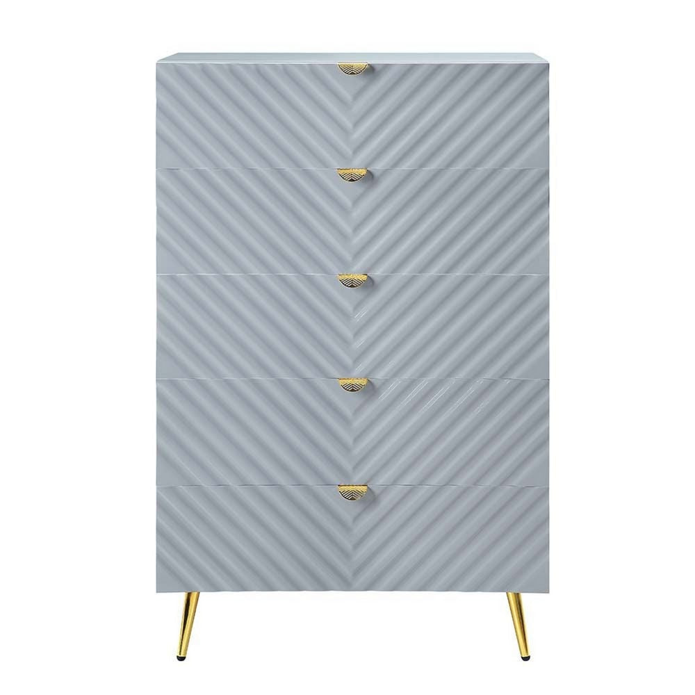 Tyra 49 Inch Wood Tall Dresser Wavy Textured Design Gold Metal Legs Gray By Casagear Home BM275529