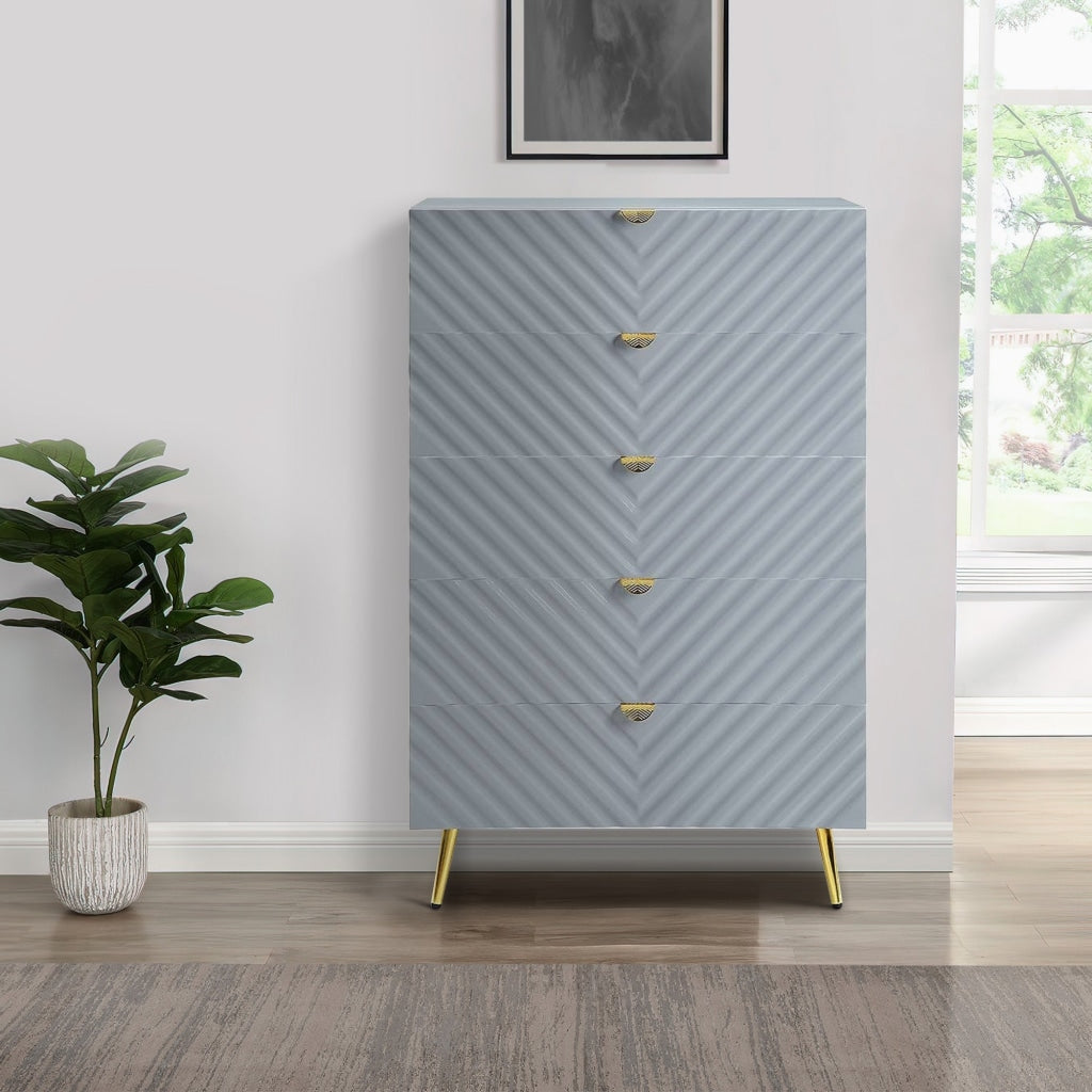 Tyra 49 Inch Wood Tall Dresser, Wavy Textured Design, Gold Metal Legs, Gray By Casagear Home