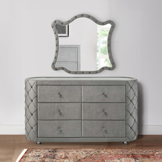 Jill 63 Inch Upholstered Dresser, Tufted Velvet, 2 Drawers, Grey By Casagear Home