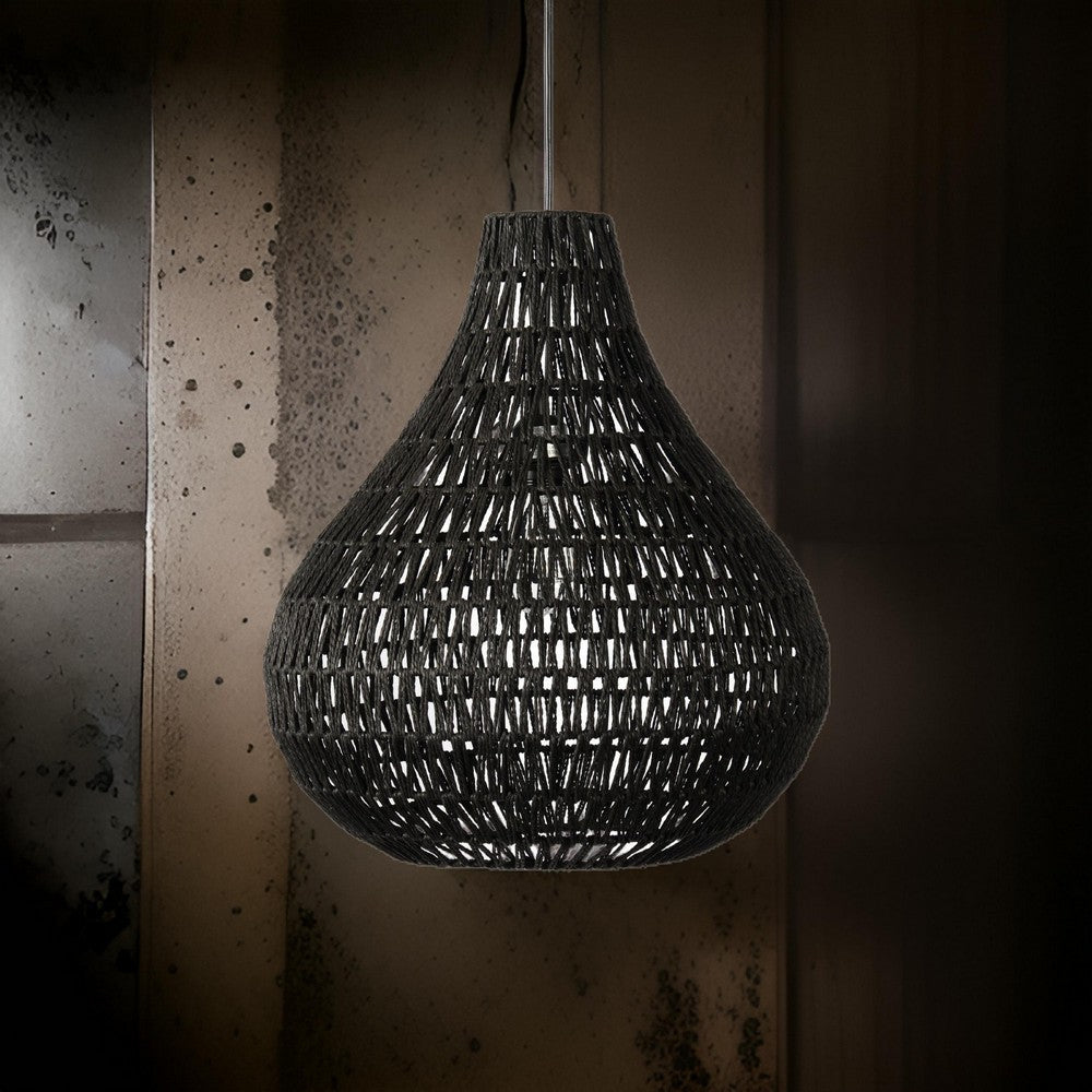 Boney 18 Inch Pendant Light, Woven Rope, Rounded Shape, Iron, Black By Casagear Home