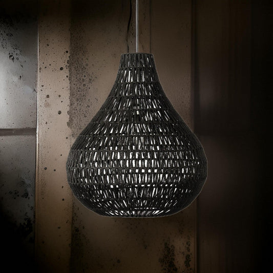 Boney 18 Inch Pendant Light, Woven Rope, Rounded Shape, Iron, Black By Casagear Home