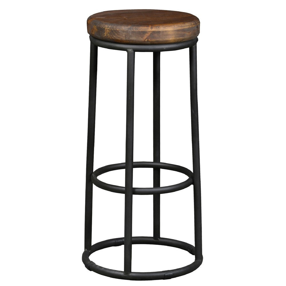 Ken 30 Inch Backless Round Barstool, Pine Wood Seat, Brown, Black By Casagear Home