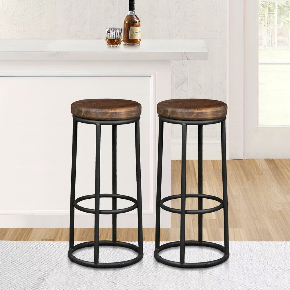 Ken 30 Inch Backless Round Barstool Pine Wood Seat Brown Black By Casagear Home BM275612