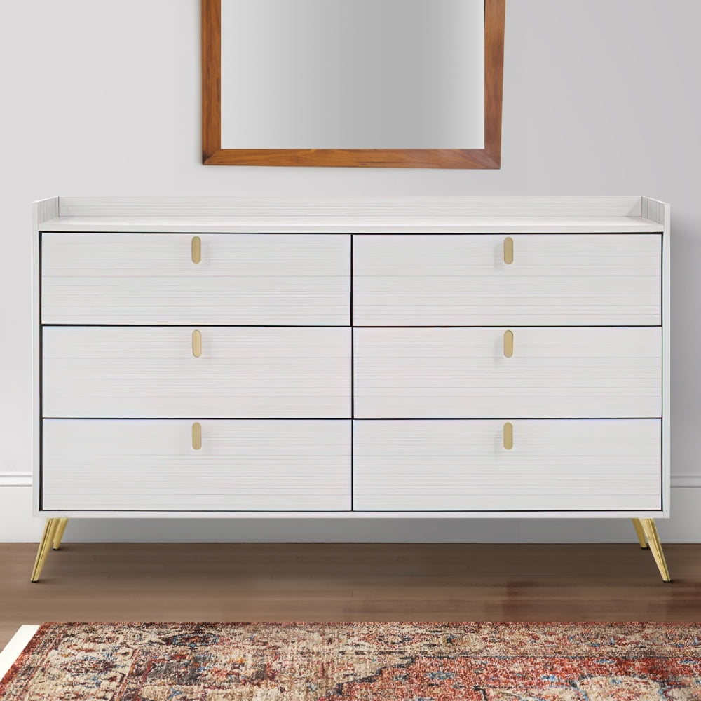 Cos 58 Inch Modern Wood Dresser with 6 Drawers, Metal Handles, White, Gold By Casagear Home