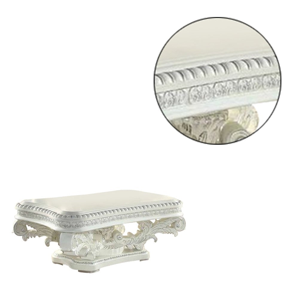 Kin 55 Inch Coffee Table Raised Scrolled Pedestal Ornate Motif White By Casagear Home BM276274