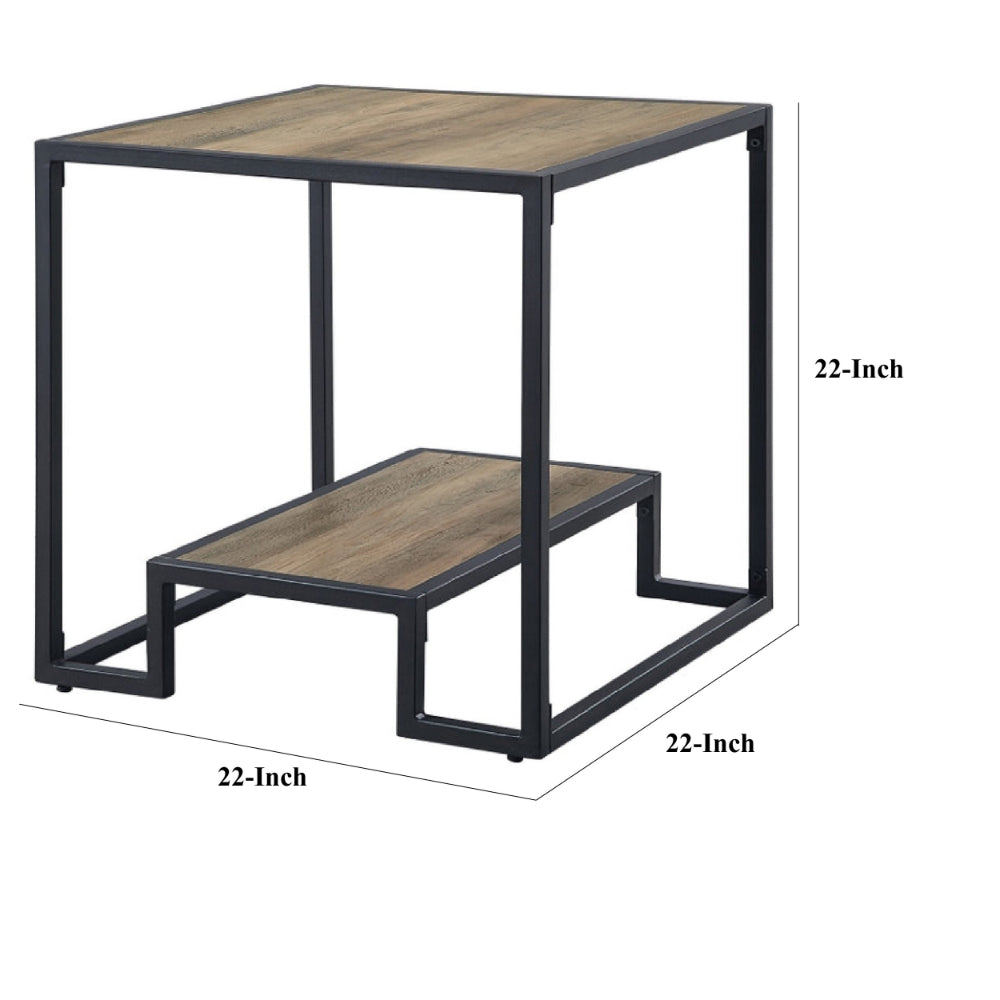 Lea 22 Inch Wood End Table Grain Details Metal Frame Rustic Oak By Casagear Home BM276307