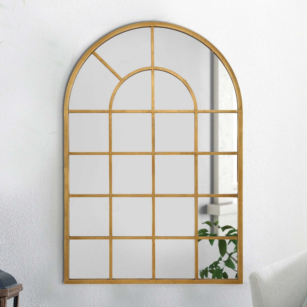 44 Inch Wood Wall Mirror, Arched Windowpane Shape, Antique Gold By Casagear Home