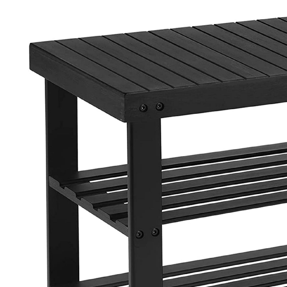 Roy 28 Inch Shoe Bench 2 Tier Storage Rack Bamboo Frame Black By Casagear Home BM277149