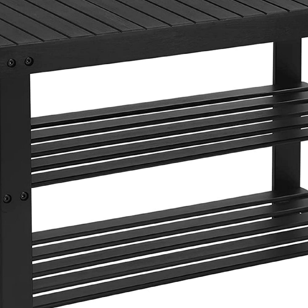 Roy 28 Inch Shoe Bench 2 Tier Storage Rack Bamboo Frame Black By Casagear Home BM277149