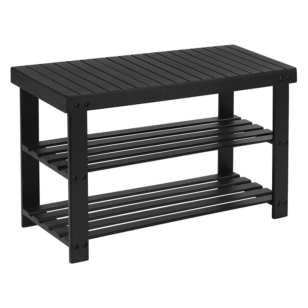 Roy 28 Inch Shoe Bench 2 Tier Storage Rack Bamboo Frame Black By Casagear Home BM277149