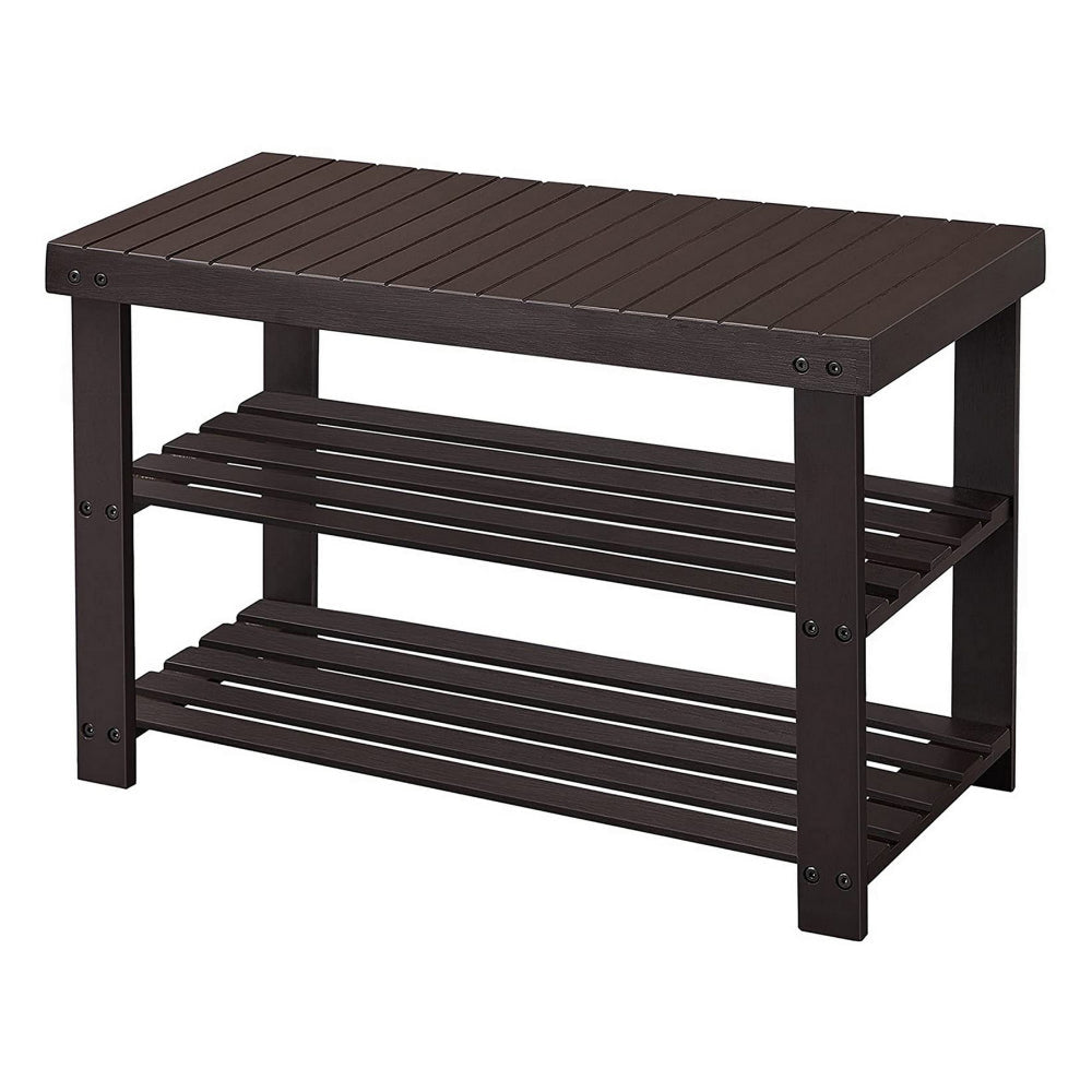 Roy 28 Inch Shoe Bench 2 Tier Storage Rack Bamboo Frame Espresso Brown By Casagear Home BM277150