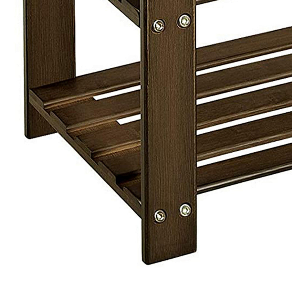 Roy 28 Inch Shoe Bench 2 Tier Storage Rack Bamboo Frame Walnut Brown By Casagear Home BM277151