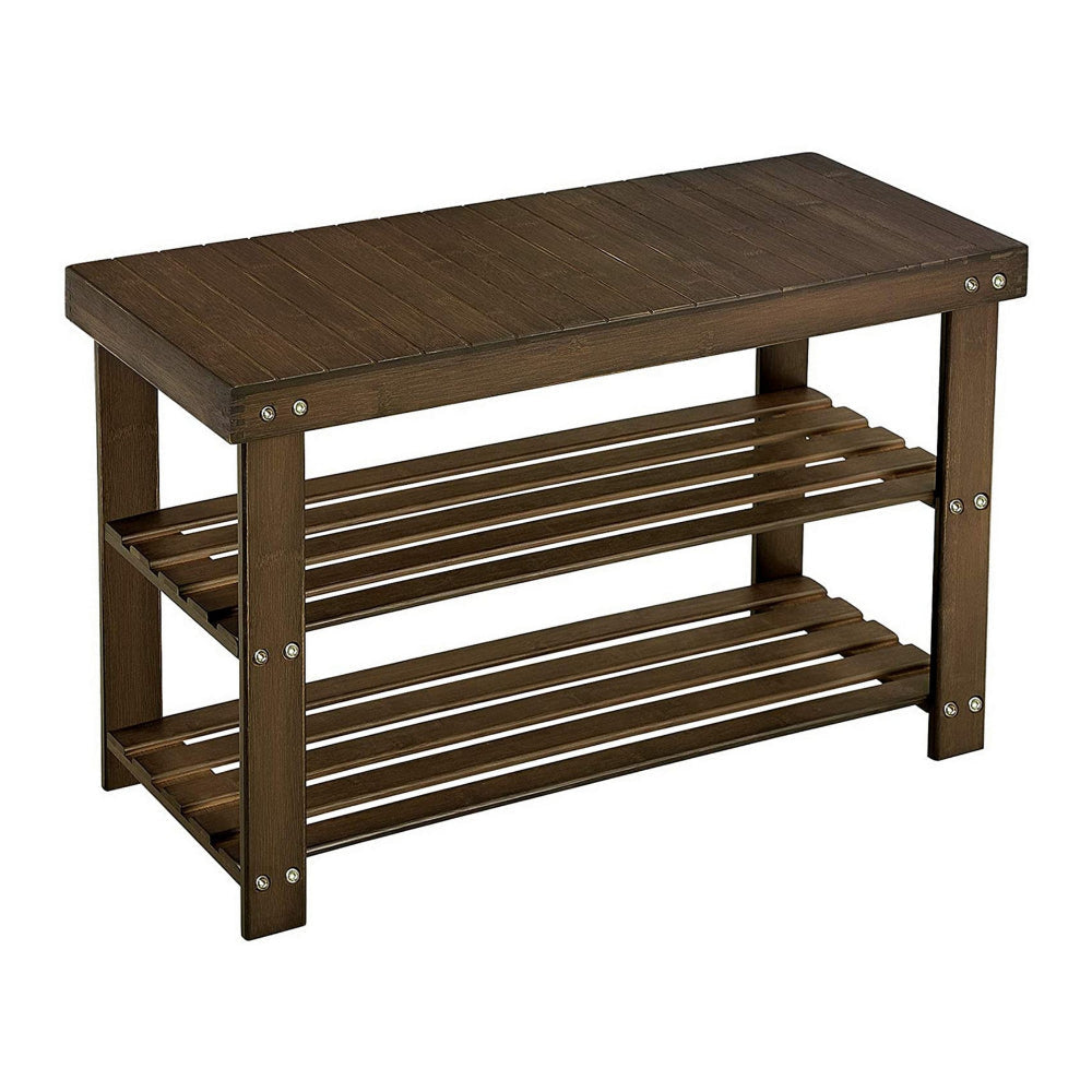 Roy 28 Inch Shoe Bench 2 Tier Storage Rack Bamboo Frame Walnut Brown By Casagear Home BM277151