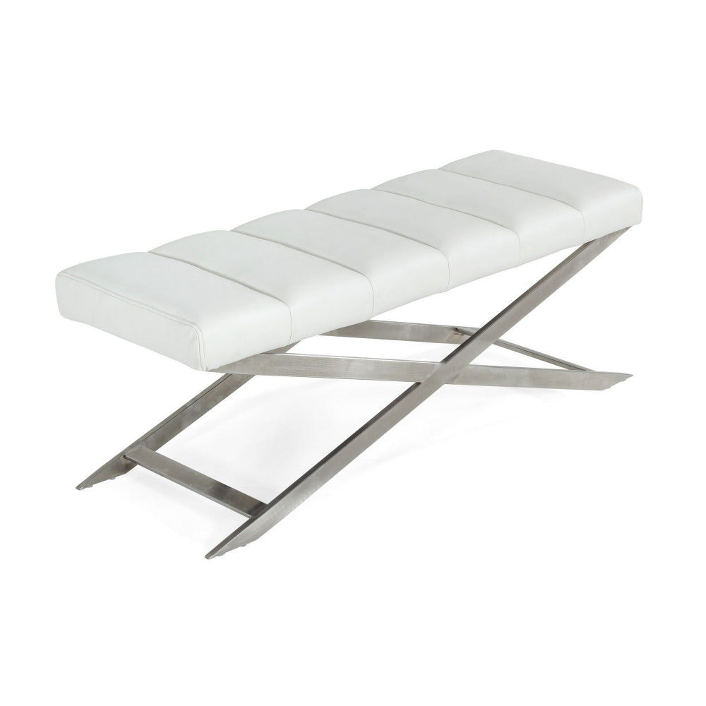 Cid 47 Inch Vegan Faux Leather Bench with Steel Legs White Silver By Casagear Home BM277343