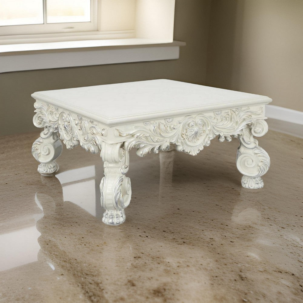 Ataa 50 Inch Square Coffee Table Ornate Floral Carvings Claw Feet White By Casagear Home BM279003