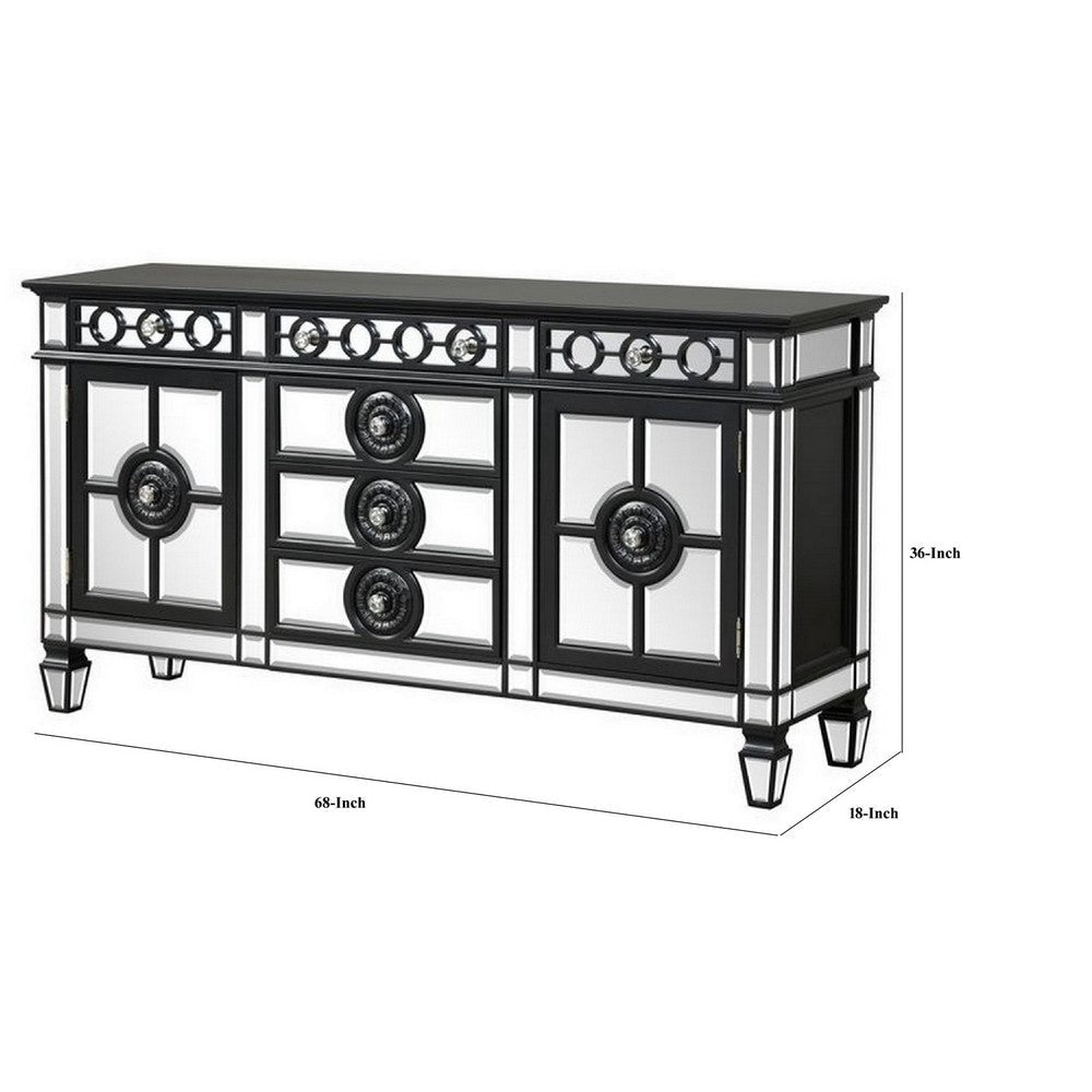 Luna 68 Inch Sideboard Buffet Console Cabinet Mirrored 6 Drawers Black By Casagear Home BM279096