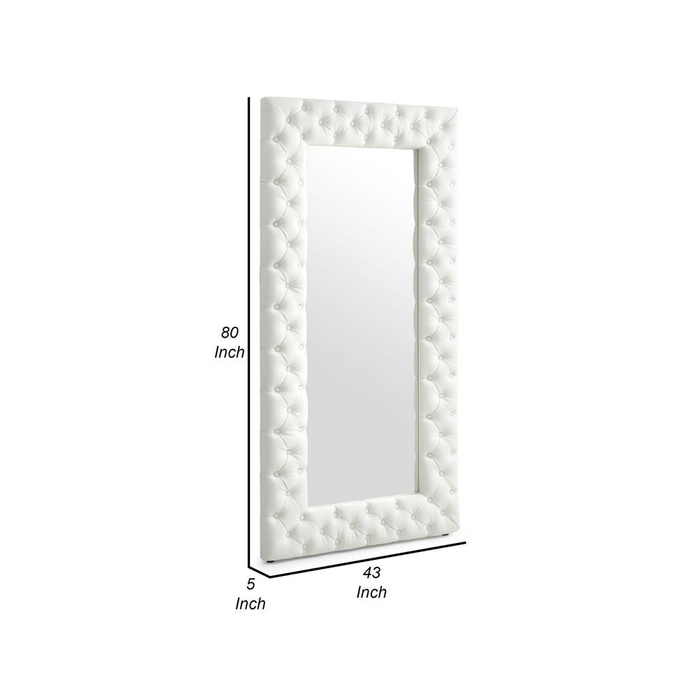 Cid 80 Inch Full Length Floor Mirror Tufted Faux Leather Frame White By Casagear Home BM279381