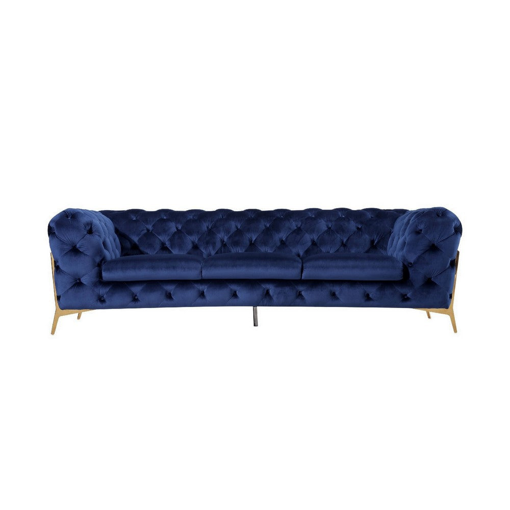 Reno Joni 97 Inch Modern Sofa Chesterfield Velour Fabric Blue Gold By Casagear Home BM279671