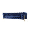 Reno Joni 97 Inch Modern Sofa, Chesterfield, Velour Fabric, Blue, Gold By Casagear Home